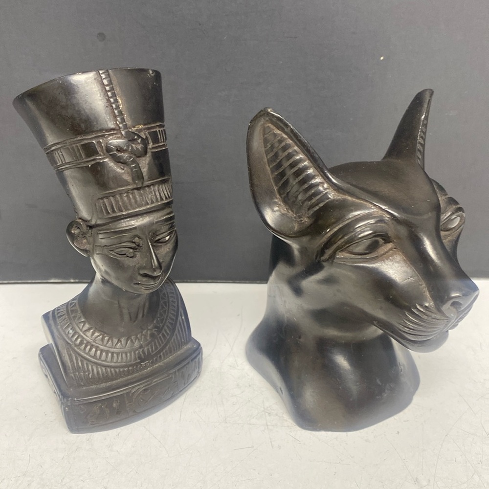 Nefertiti Bastet Goddesses Carved Stone Bust Sculptures Egyptian Head Set of Two